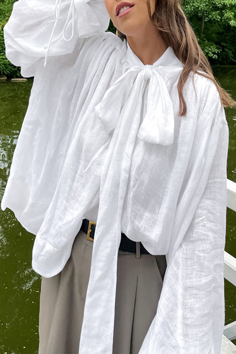 Kaynafashions - British Style Elegant Solid With Bow Ribbon Collar Tops