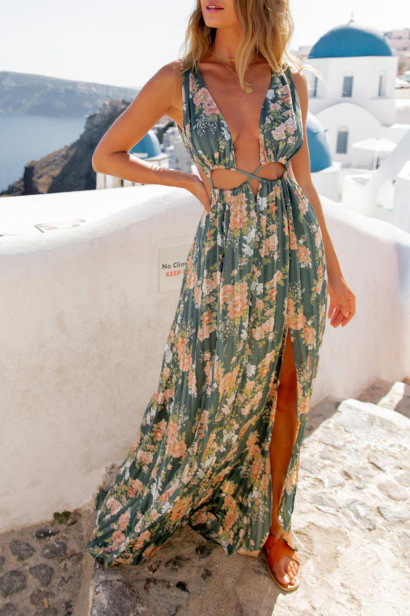 Kaynafashions - Sexy Print Patchwork V Neck Waist Skirt Dresses