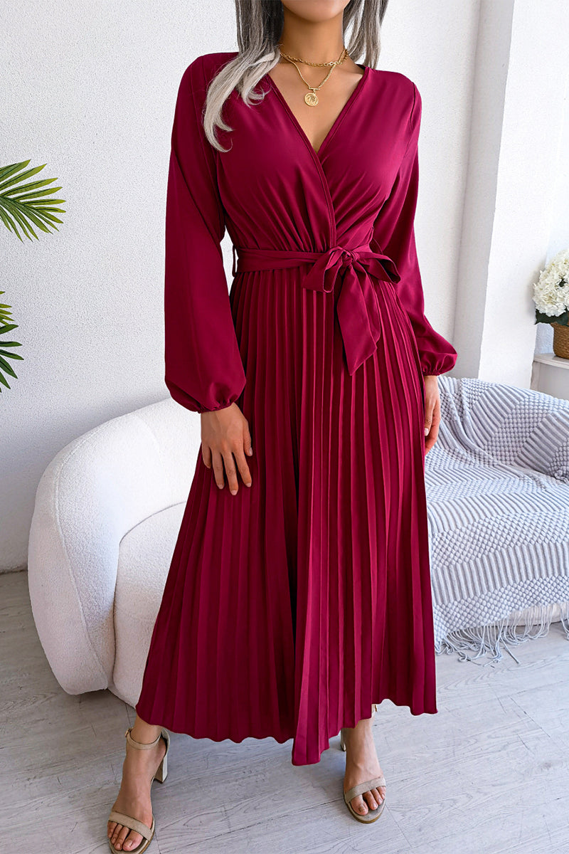 Kaynafashions - Elegant Solid Frenulum Fold V Neck Pleated Dresses(5 Colors)