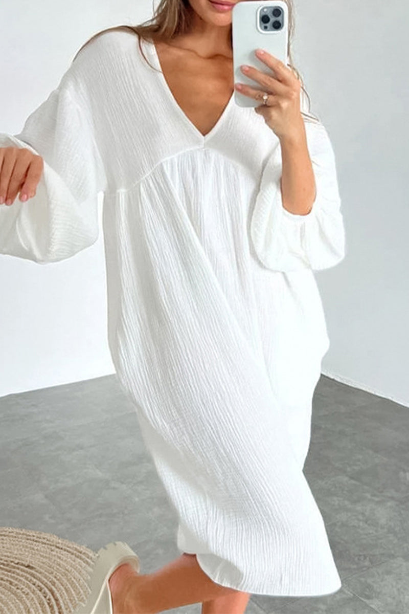 Kaynafashions - Casual Living Solid Pocket V Neck Long Sleeve Dresses