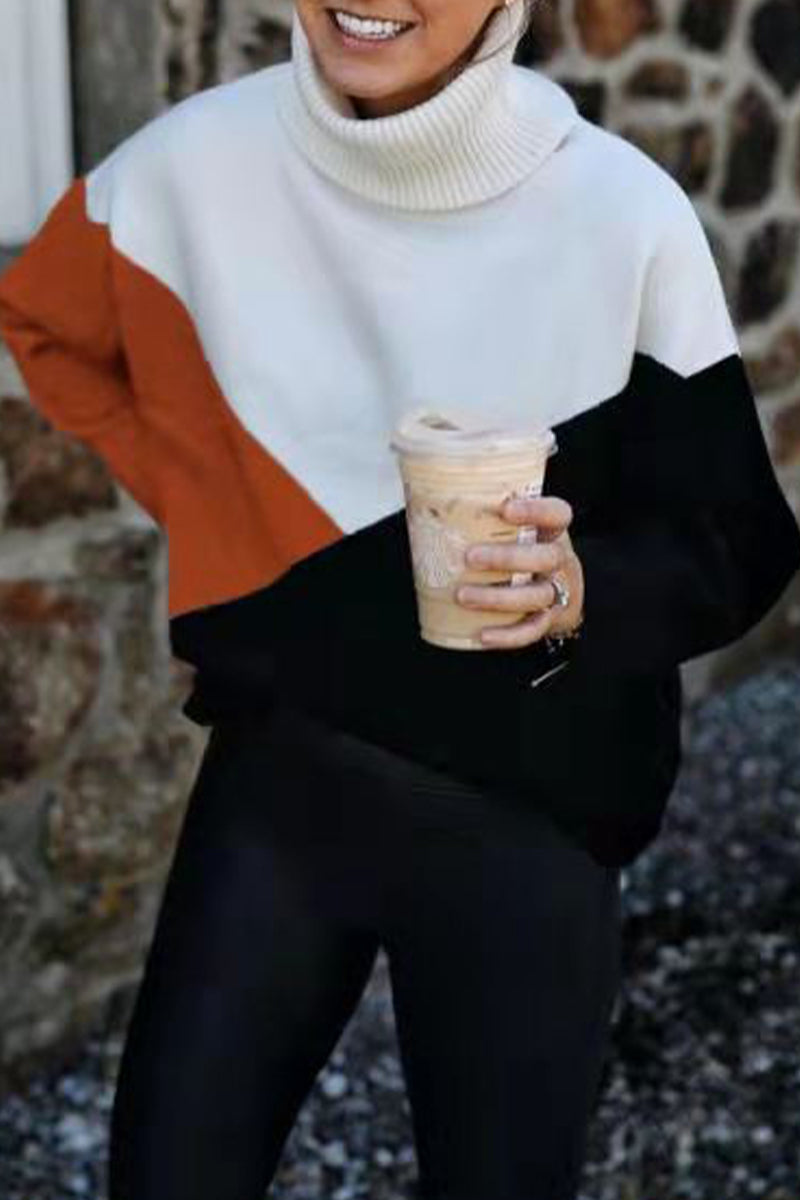 Kaynafashions - Casual Work Color Block Patchwork Turtleneck Tops