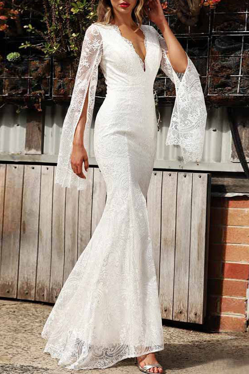 Kaynafashions - Sexy Formal Solid Lace Zipper V Neck Evening Dress Dresses