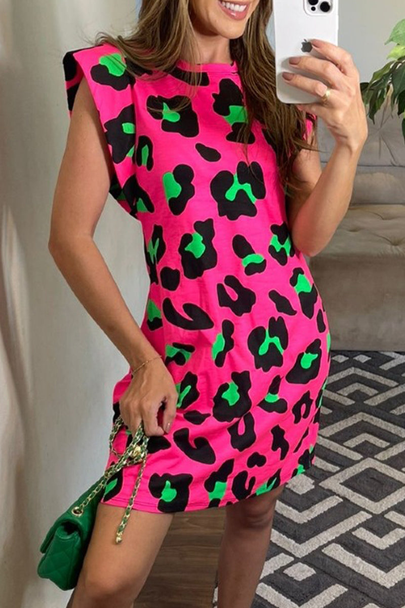 Kaynafashions - Casual Sweet Leopard Patchwork O Neck A Line Short Sleeve Dress(7 Colors)