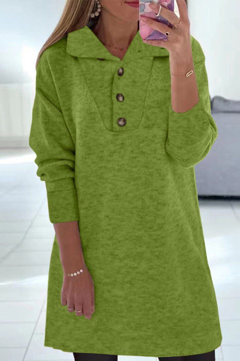 Kaynafashions - Casual Solid Buttons Turndown Collar Princess Dresses(4 Colors)