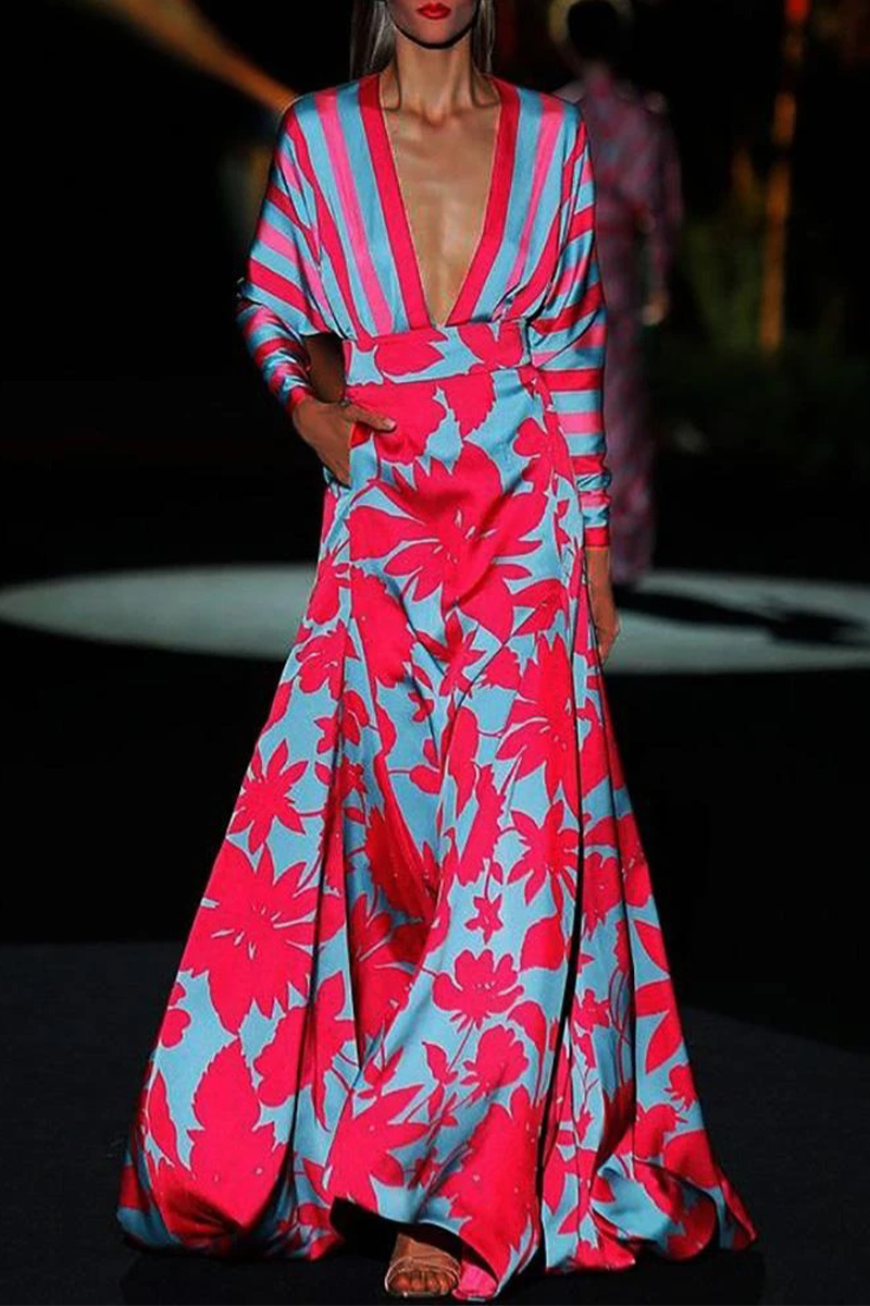 Kaynafashions - Casual Print Patchwork V Neck Cake Skirt Dresses