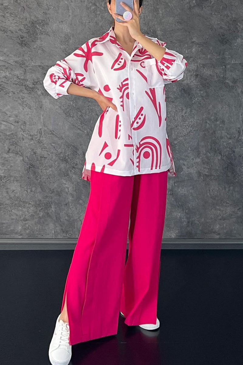 Kaynafashions - Casual Print Patchwork Turndown Collar Long Sleeve Two Pieces