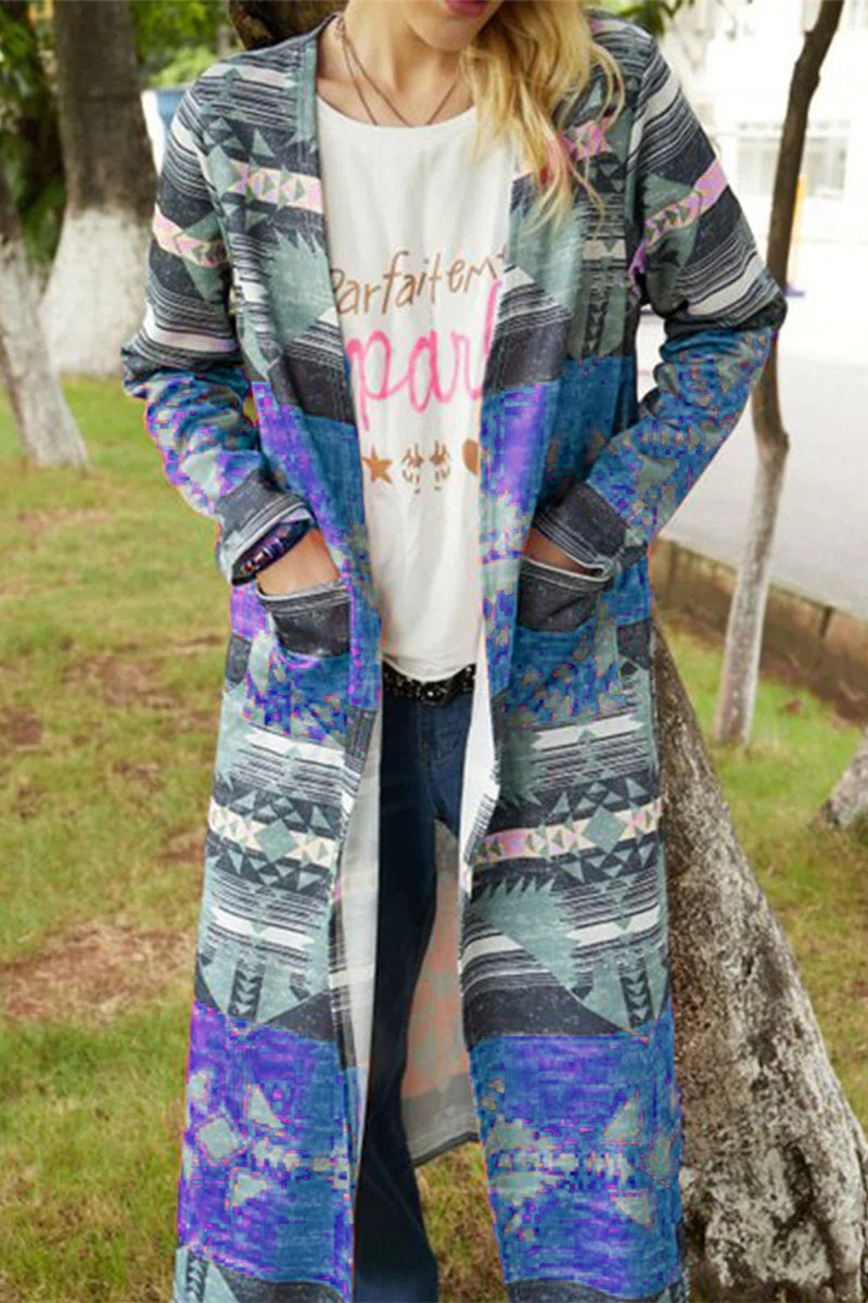 Kaynafashions - Fashion Geometric Patchwork Asymmetrical Printing Outerwear(6 Colors)