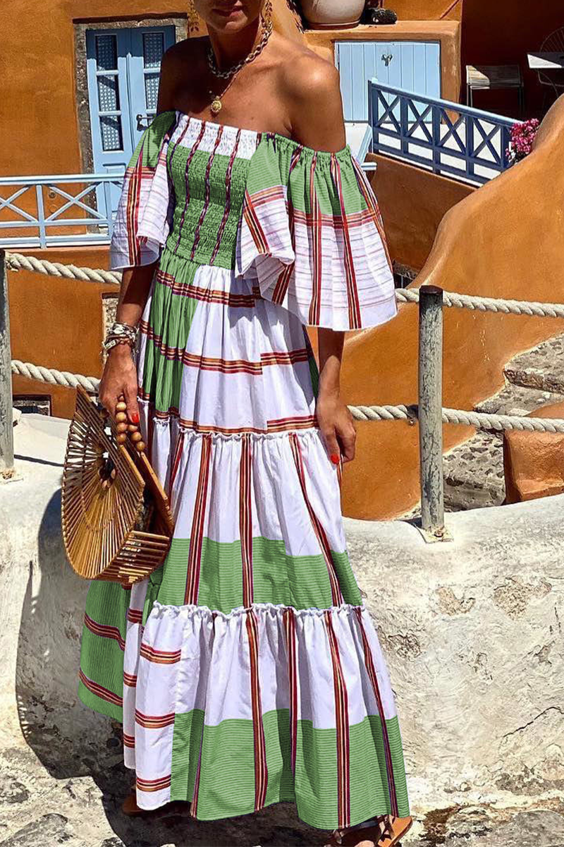 Kaynafashions - Fashion Print Patchwork Off the Shoulder Cake Skirt Dresses(3 Colors)