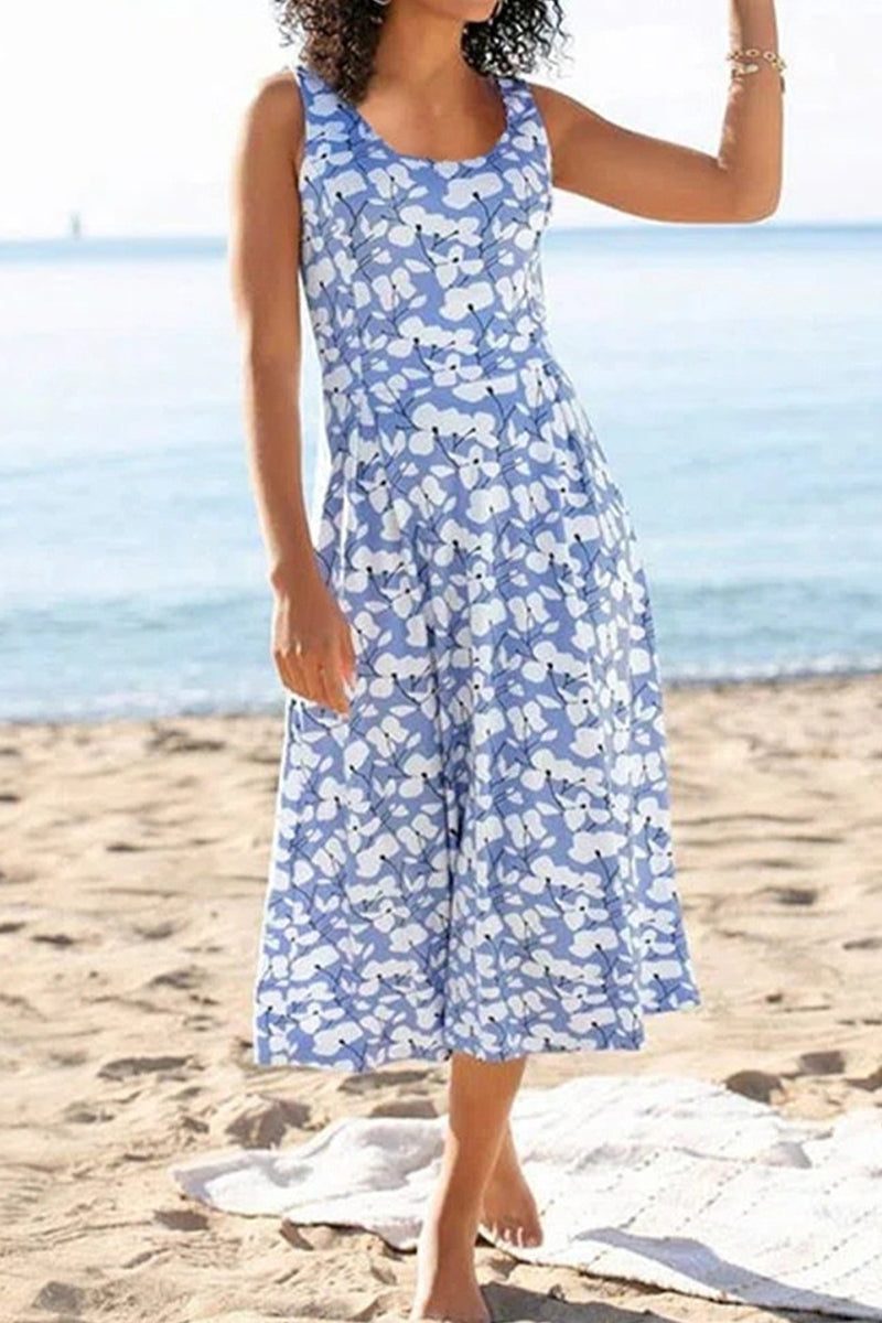 Kaynafashions - Casual Vacation Print Patchwork U Neck Vest Dress Dresses(3 Colors)