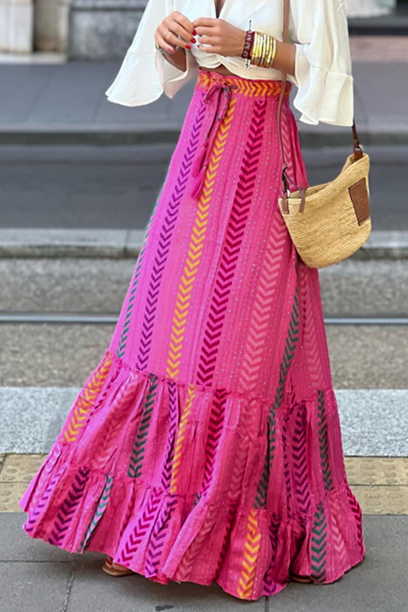 Kaynafashions - Coastal Comforts Ethnic Print Drawstring Elastic Waist Maxi Skirt