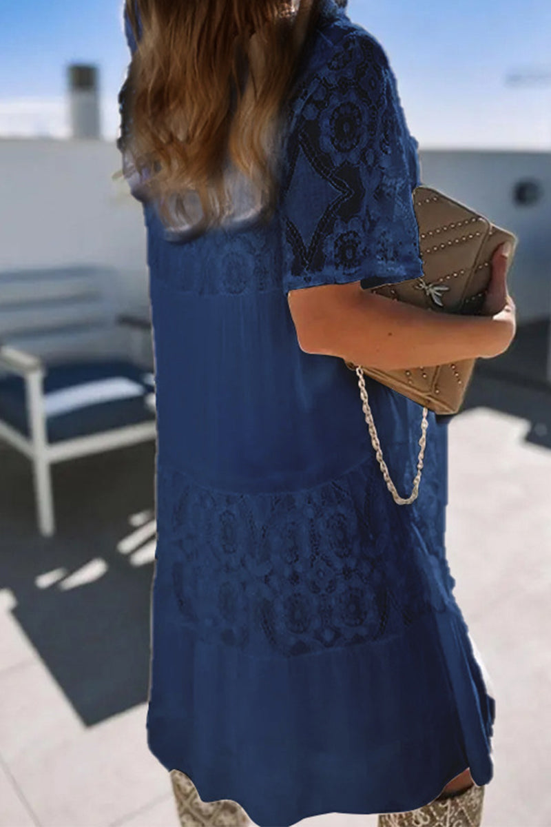 Kaynafashions - Sweet Elegant Solid Lace See-through O Neck A Line Dresses