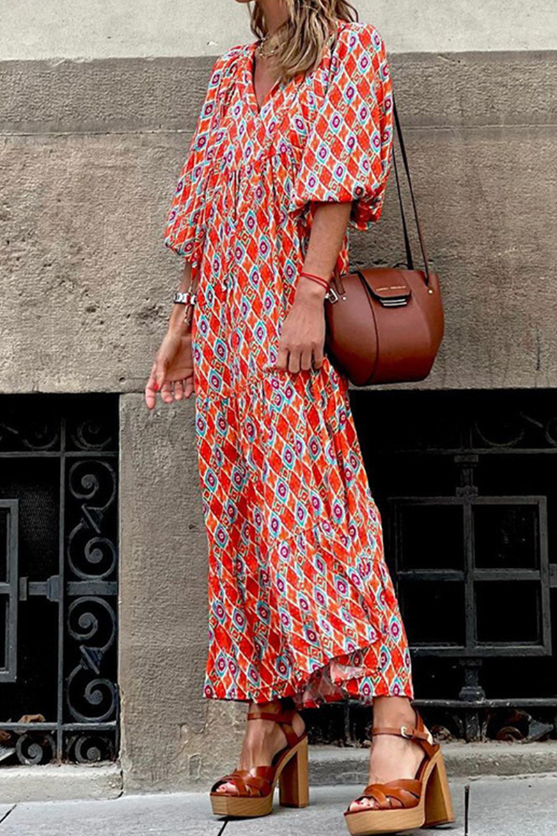 Kaynafashions - Casual Print Patchwork V Neck Straight Dresses(3 colors)