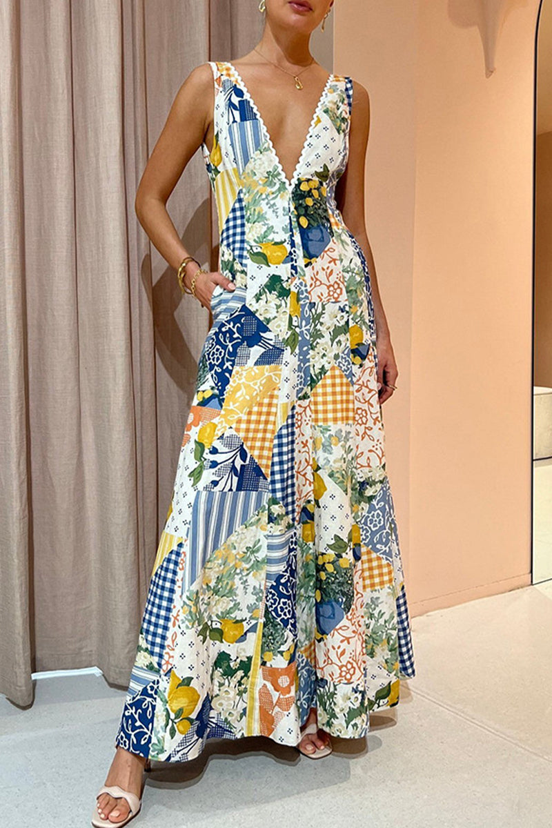 Kaynafashions - Casual Print V Neck Beach Dress Dresses