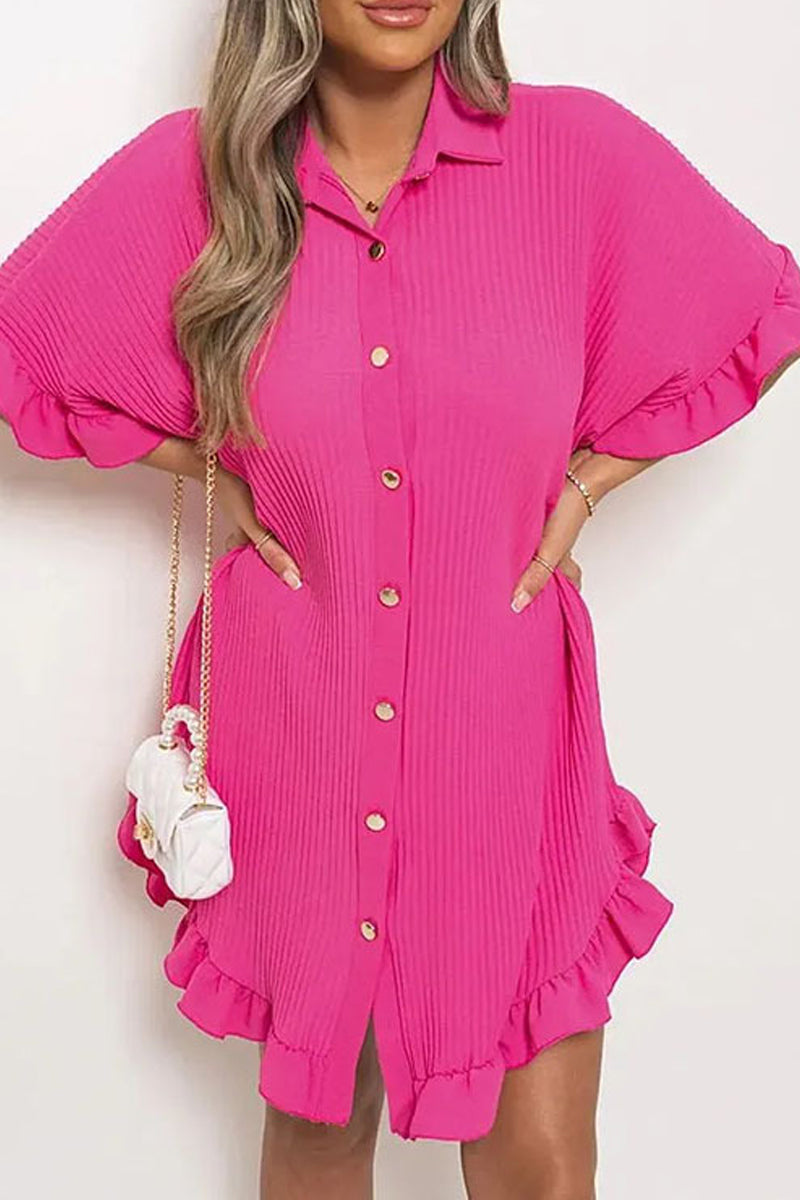 Kaynafashions - Casual Solid Patchwork Turndown Collar Shirt Dress Dresses