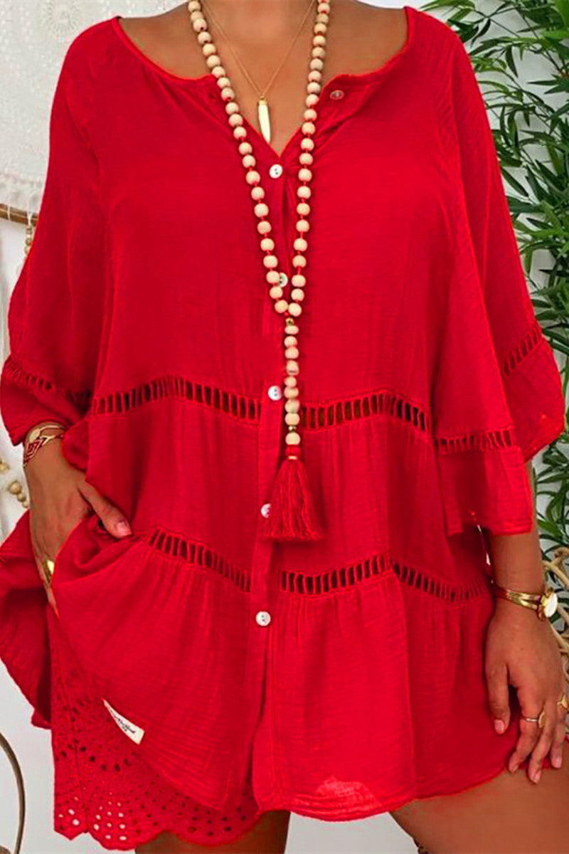 Kaynafashions - Casual Solid Patchwork V Neck Long Sleeve Dresses