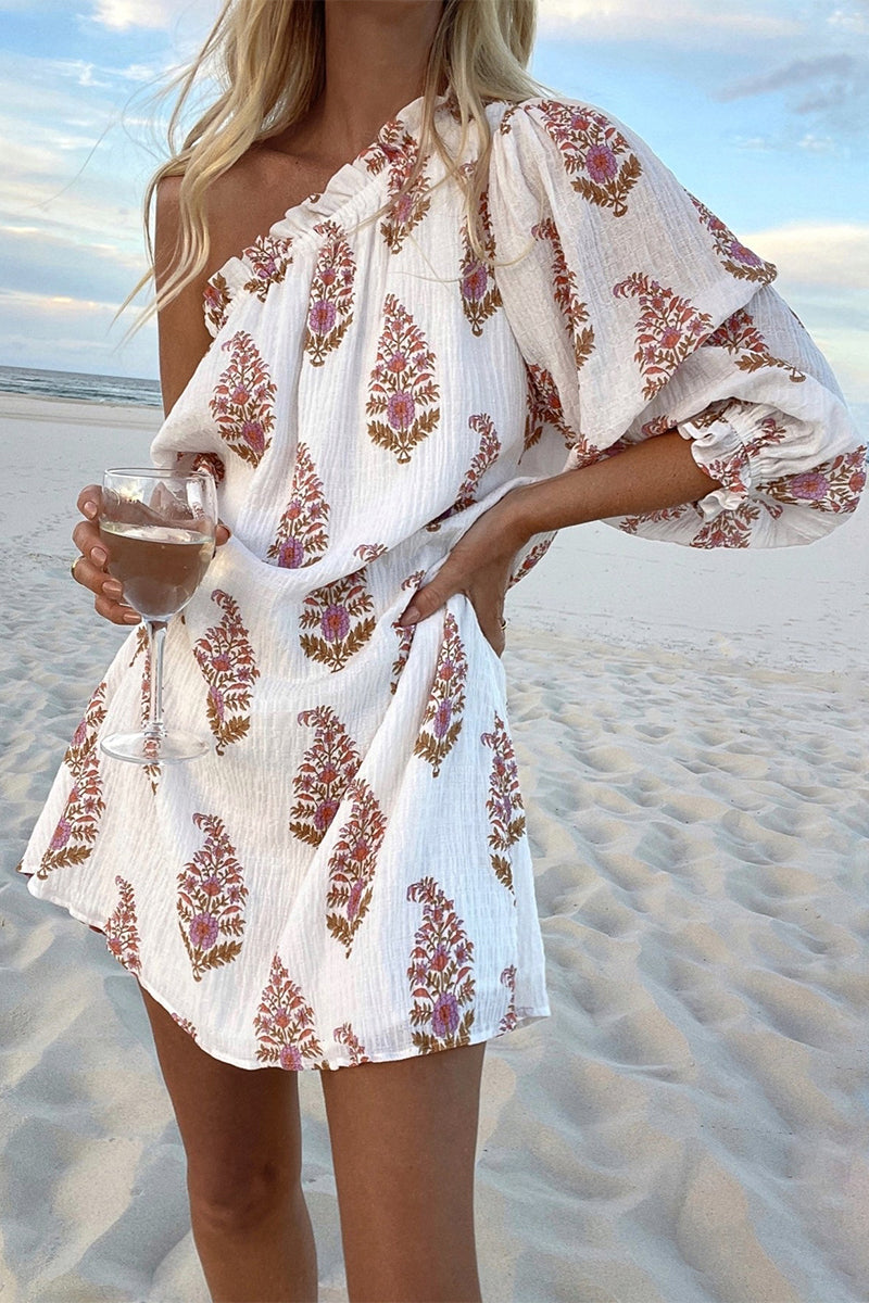 Kaynafashions - Sexy Vacation Print Fold Oblique Collar A Line Dresses
