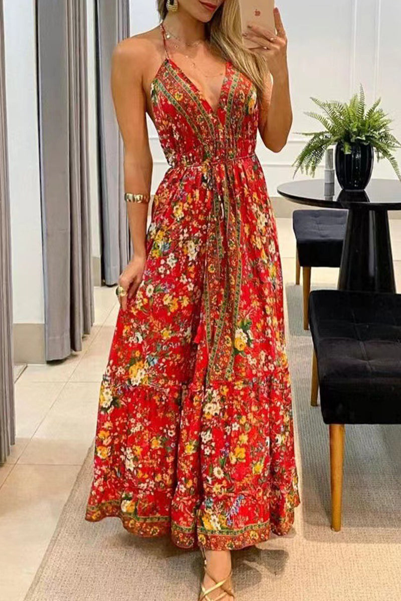 Kaynafashions - Bohemian College National Totem Patchwork V Neck Printed Dress Dresses(7 Colors)