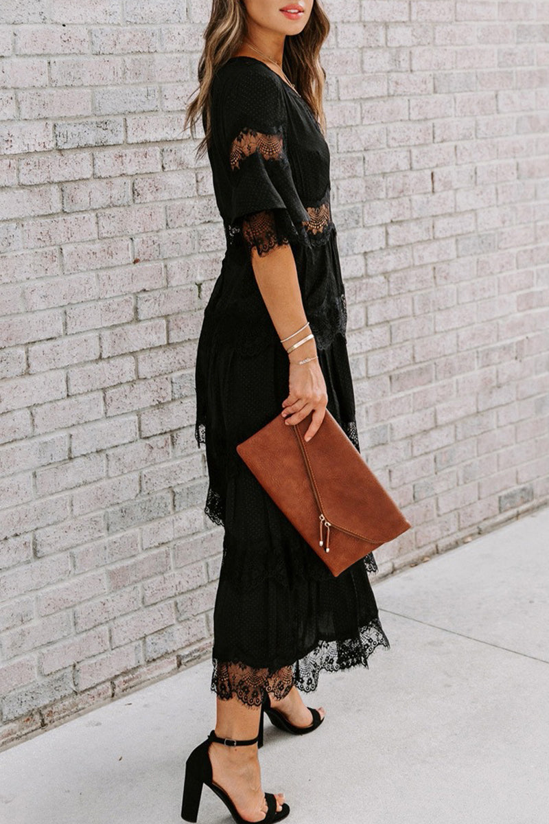 Kaynafashions - Elegant Solid Lace V Neck Cake Skirt Dresses(3 Colors)