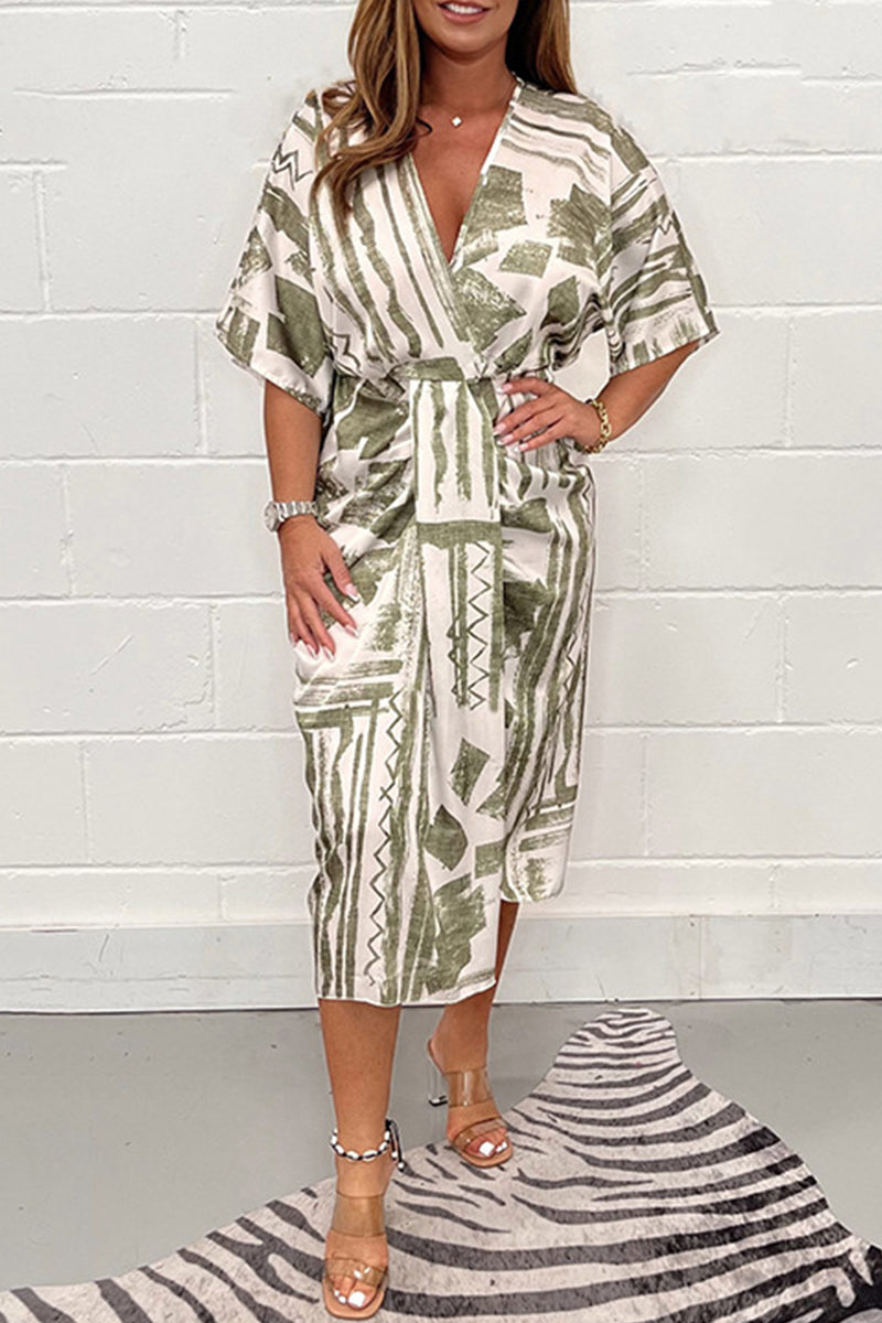 Kaynafashions - Elegant Geometric Printing V Neck Irregular Dress Dresses