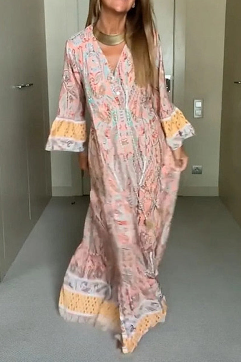 Kaynafashions - Bohemian Elegant Floral Patchwork V Neck A Line Dresses