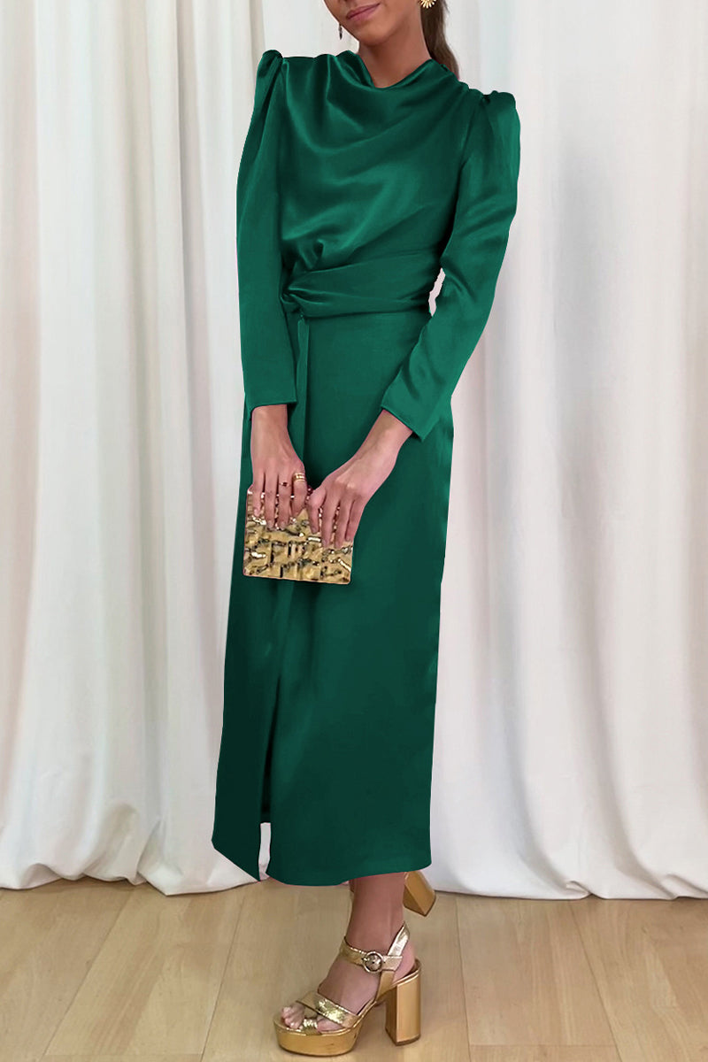 Kaynafashions - Celebrities Elegant Solid Slit Scarf Collar A Line Dresses