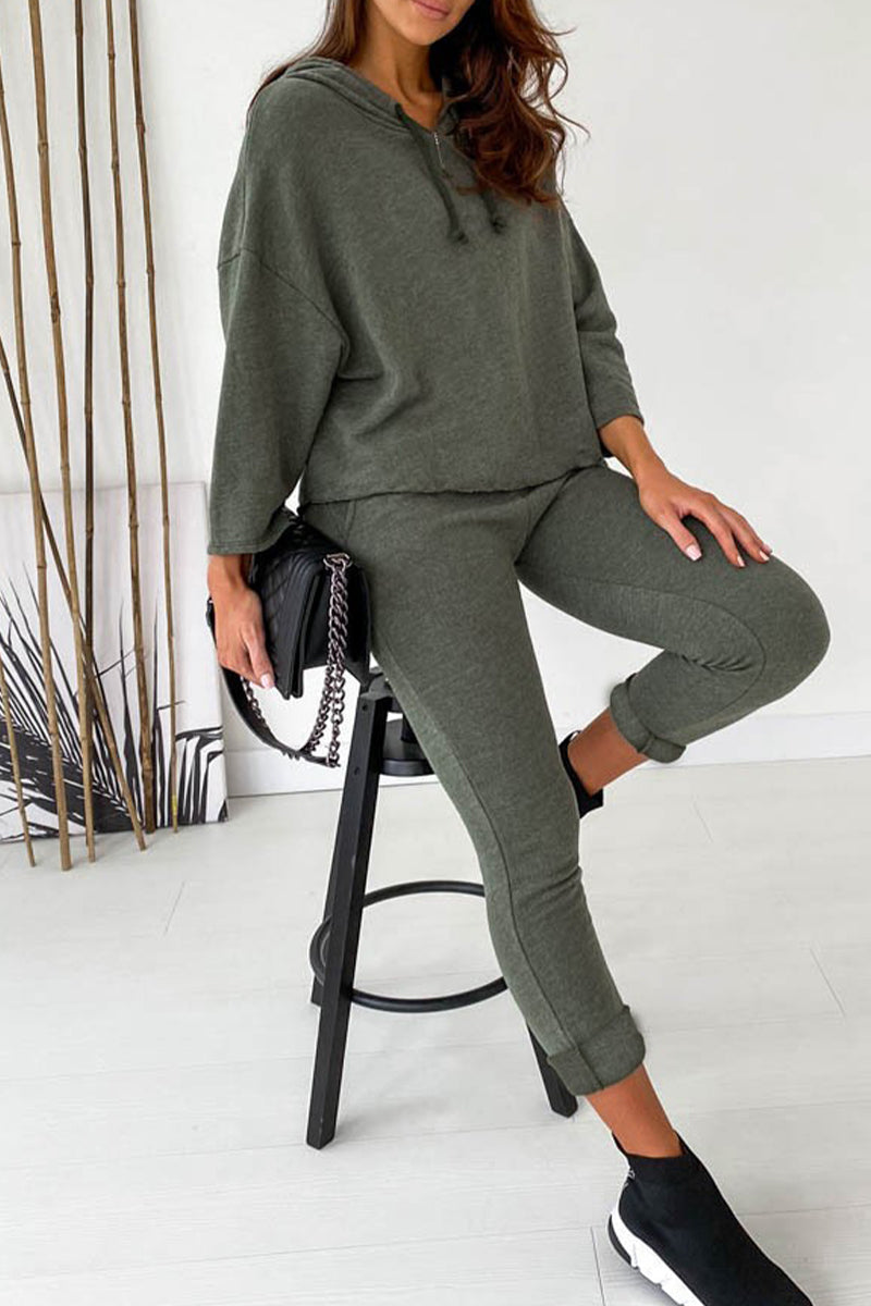 Kaynafashions - Solid Solid Color Hooded Collar Three Quarter Two Pieces