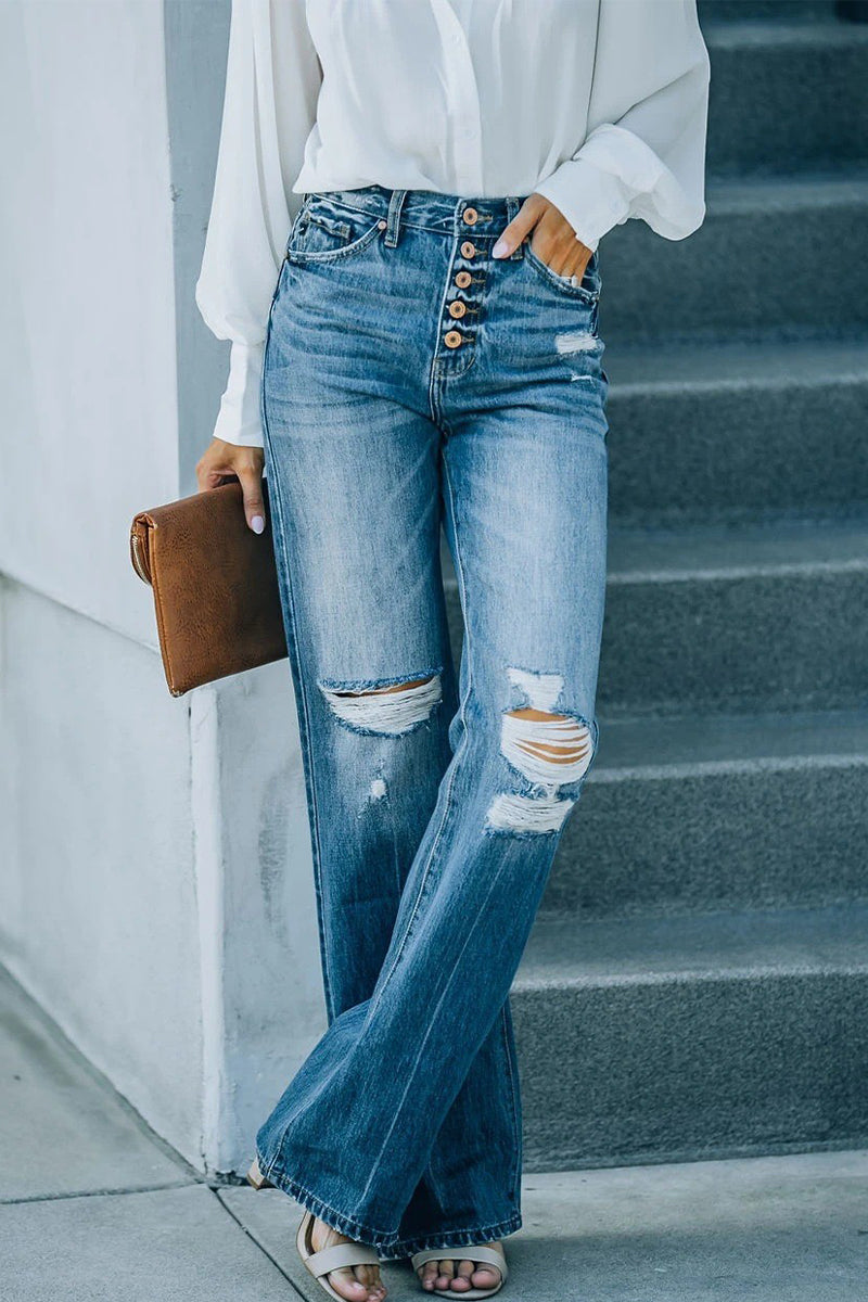 Kaynafashions - Casual Street Solid Ripped Buckle High Waist Straight Denim Jeans