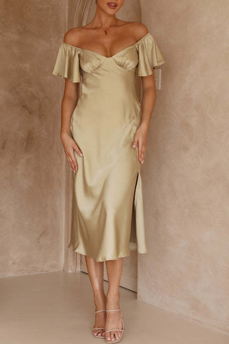 Kaynafashions - Elegant Solid Flounce V Neck A Line Dresses(3 Colors)