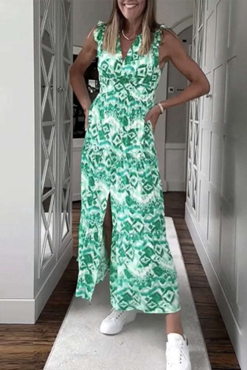 Kaynafashions - Sexy Geometric Printing V Neck Sleeveless Dress Dresses