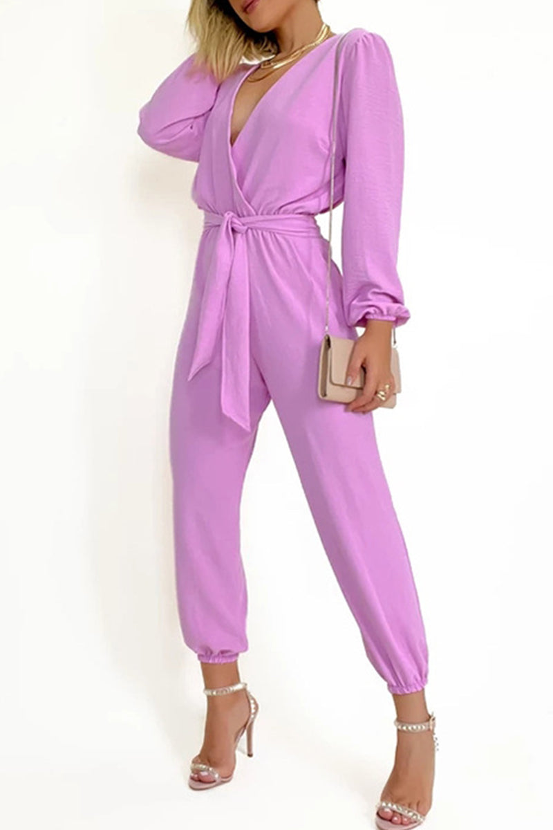 Kaynafashions - Casual Simplicity Solid Frenulum V Neck Regular Jumpsuits