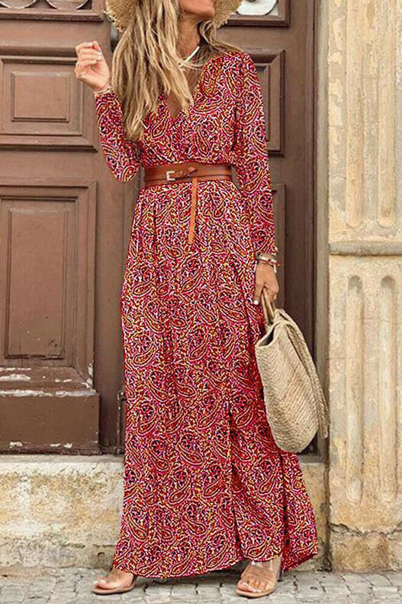 Kaynafashions - Fashion Bohemian Print With Belt V Neck Cake Skirt Dresses(3 Colors)