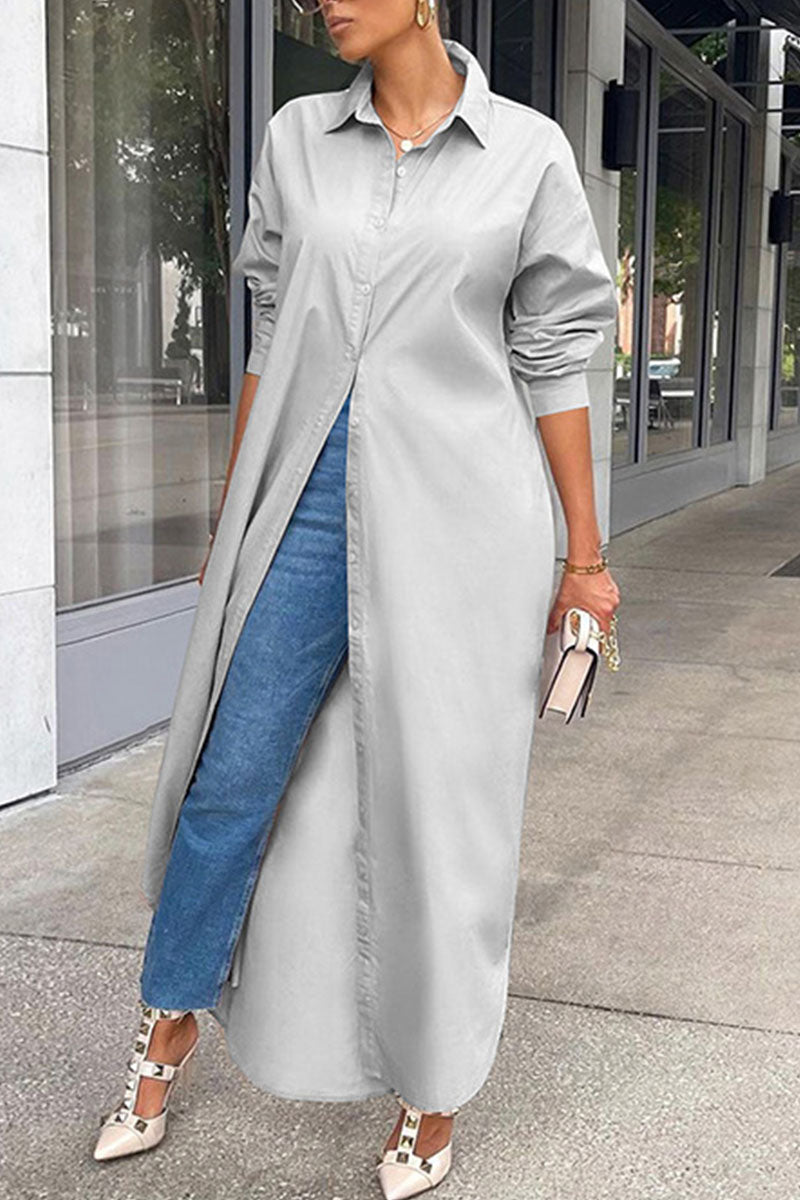 Kaynafashions - Casual Solid Patchwork Buckle Turndown Collar Tops