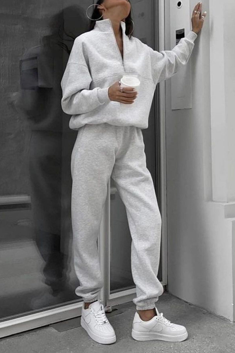 Kaynafashions - Casual Sportswear Solid Pocket Long Sleeve Two Pieces