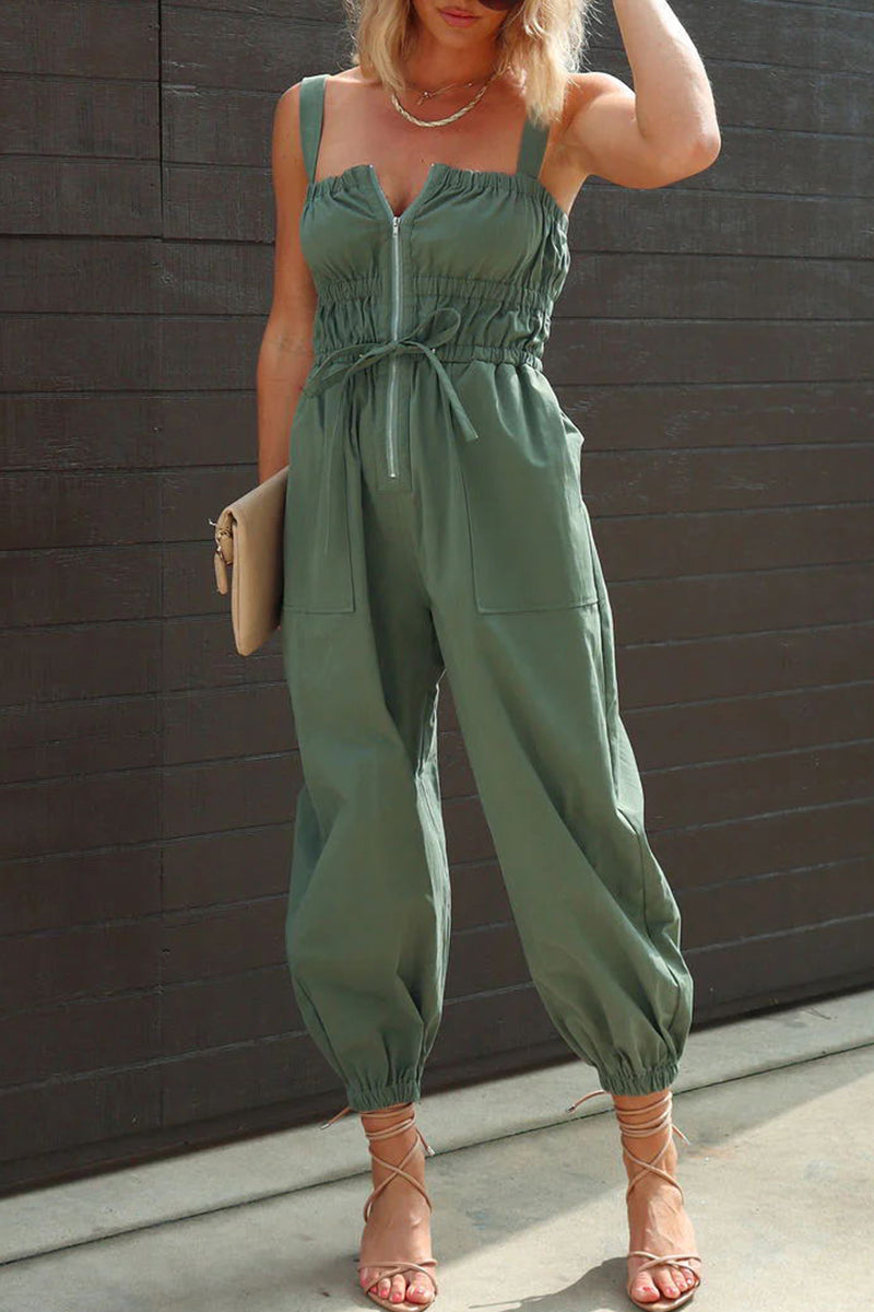 Kaynafashions - Casual Street Solid Pocket Zipper Square Collar Regular Jumpsuits