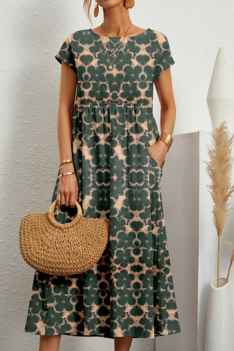 Kaynafashions - Casual Floral Pocket O Neck Printed Dress Dresses(9 Colors)