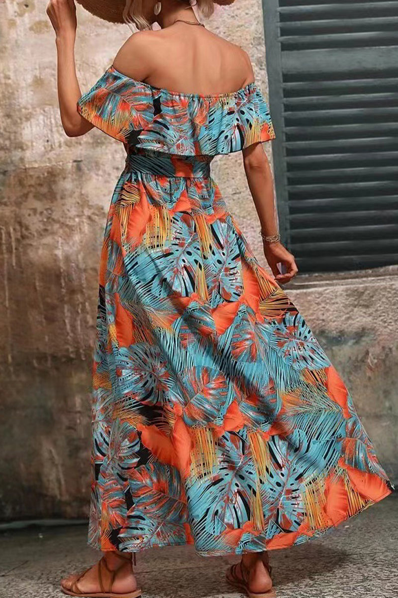 Kaynafashions - Sexy Vacation Floral Frenulum Slit Off the Shoulder Printed Dress Dresses
