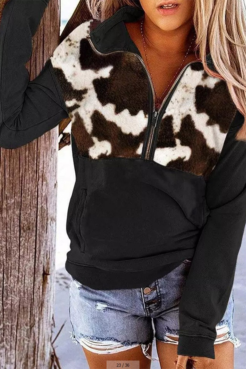 Kaynafashions - Casual Print Zipper Turndown Collar Tops(7 colors)