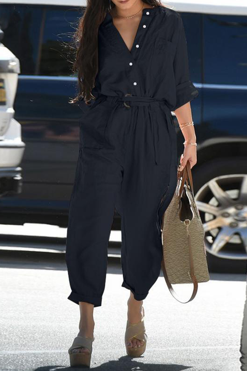 Kaynafashions - Casual Solid Patchwork V Neck Harlan Jumpsuits(3 Colors)