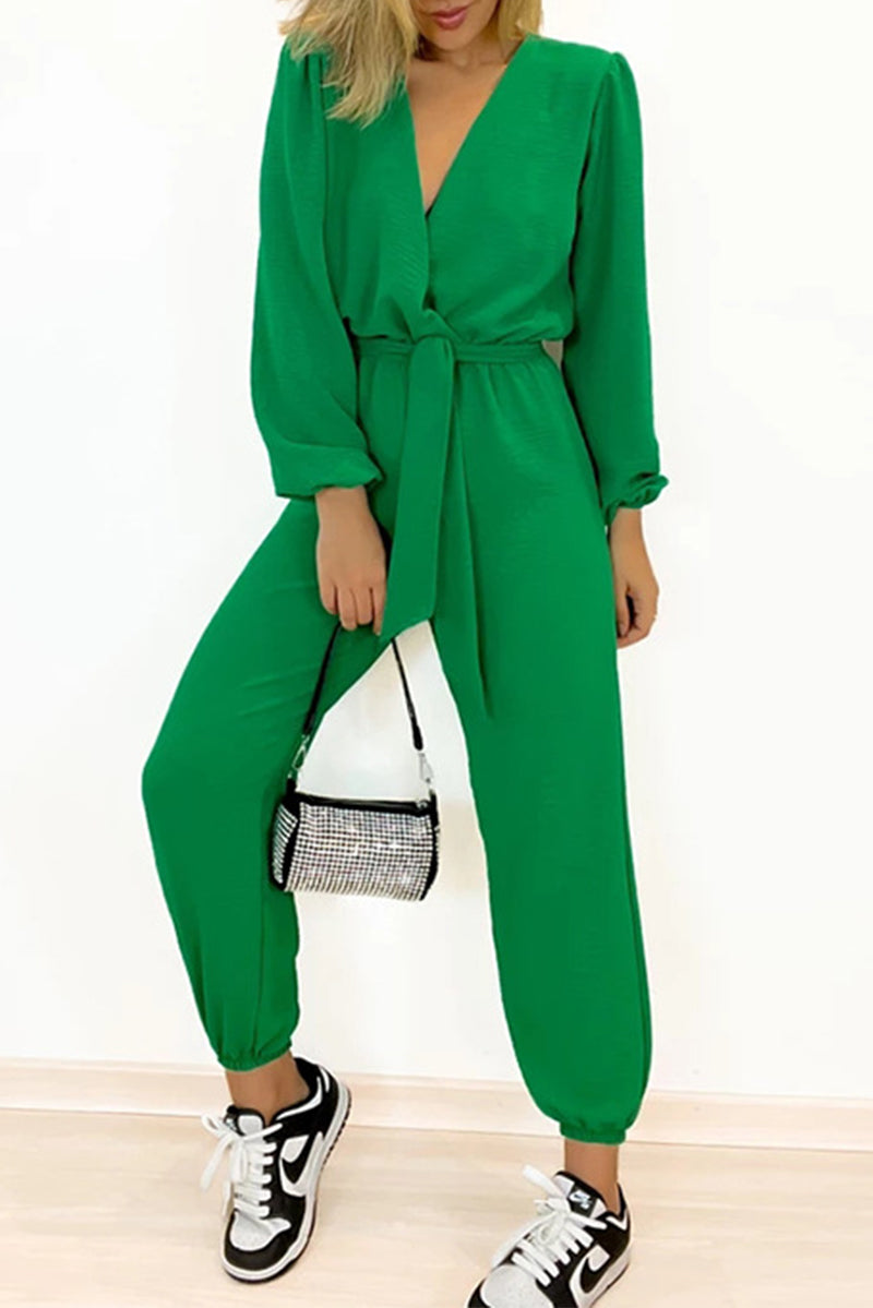 Kaynafashions - Casual Simplicity Solid Frenulum V Neck Regular Jumpsuits