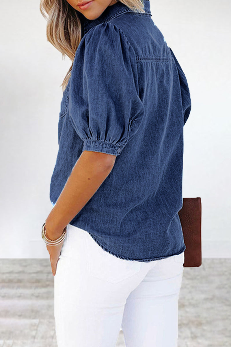 Kaynafashions - Casual Solid Patchwork Pocket Turndown Collar Blouses
