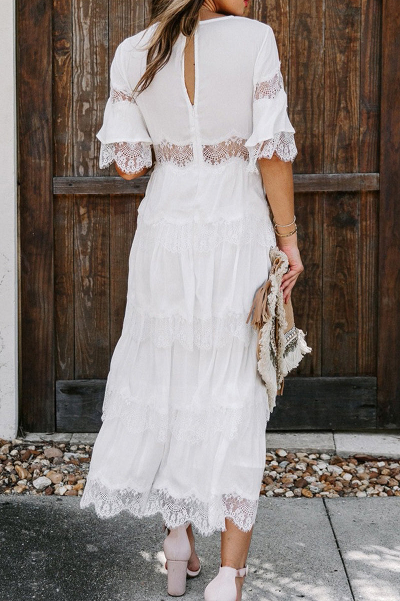 Kaynafashions - Elegant Solid Lace V Neck Cake Skirt Dresses(3 Colors)