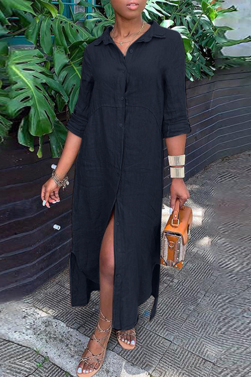 Kaynafashions - Casual Buttons Shirt Collar Shirt Dress Dresses(4 Colors)