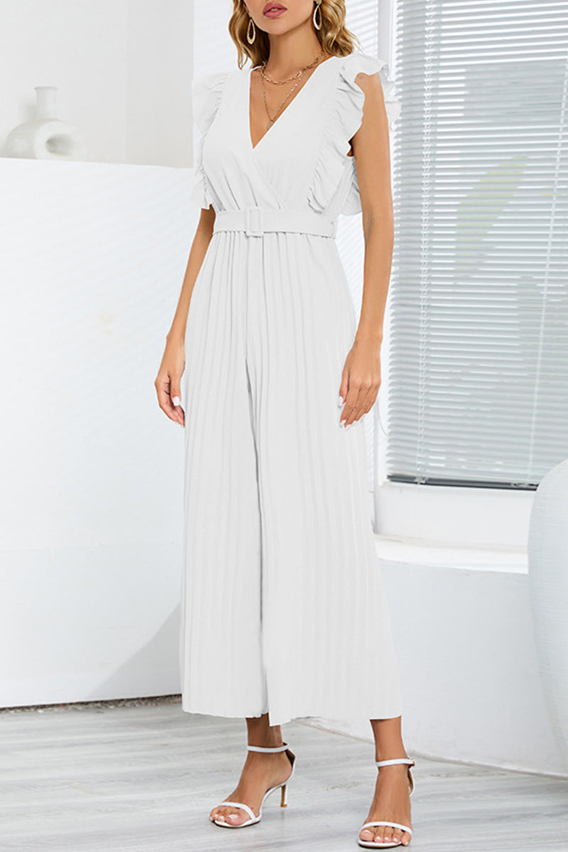 Kaynafashions - Casual Simplicity Solid With Belt V Neck Regular Jumpsuits