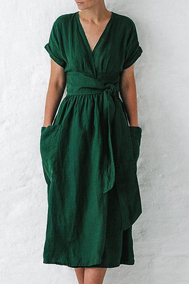 Kaynafashions - Fashion Street Solid Pocket V Neck A Line Dresses(4 colors)