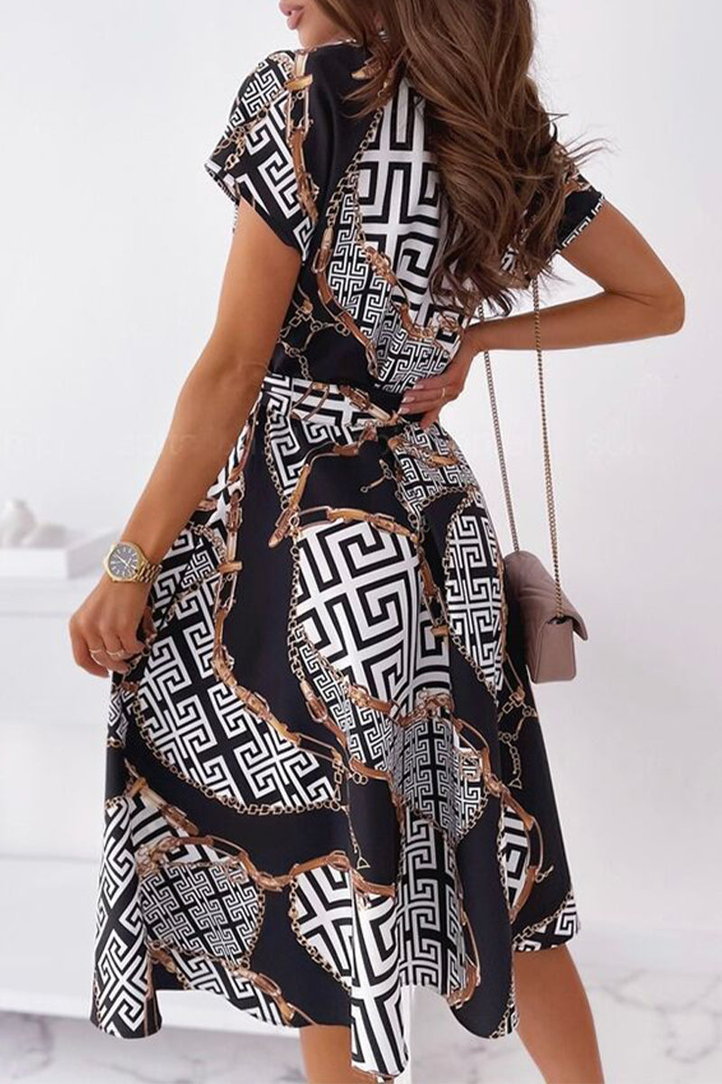 Kaynafashions - Celebrities Elegant Print Patchwork V Neck Shirt Dress Dresses