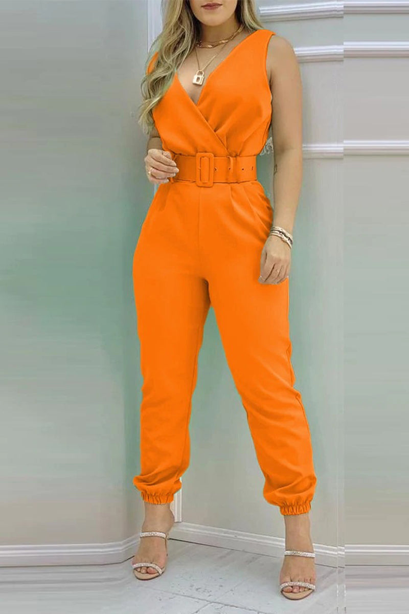 Kaynafashions - Sexy Casual Solid Backless With Belt V Neck Regular Jumpsuits