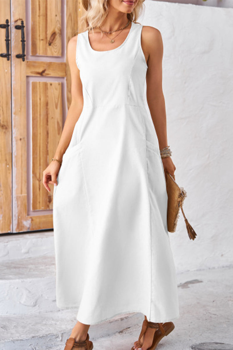 Kaynafashions - Solid Pocket U Neck Sleeveless Dress Dresses