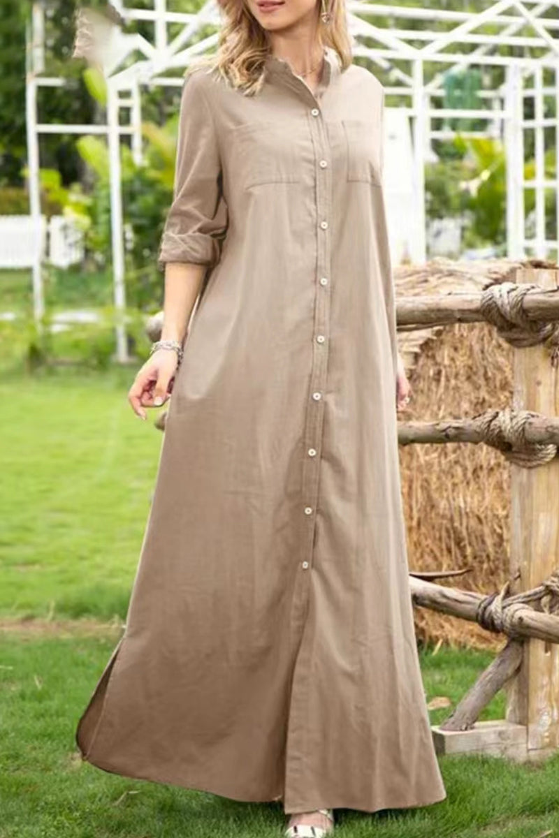 Kaynafashions - Casual Solid Buttons Mandarin Collar A Line Dresses(4 Colors)