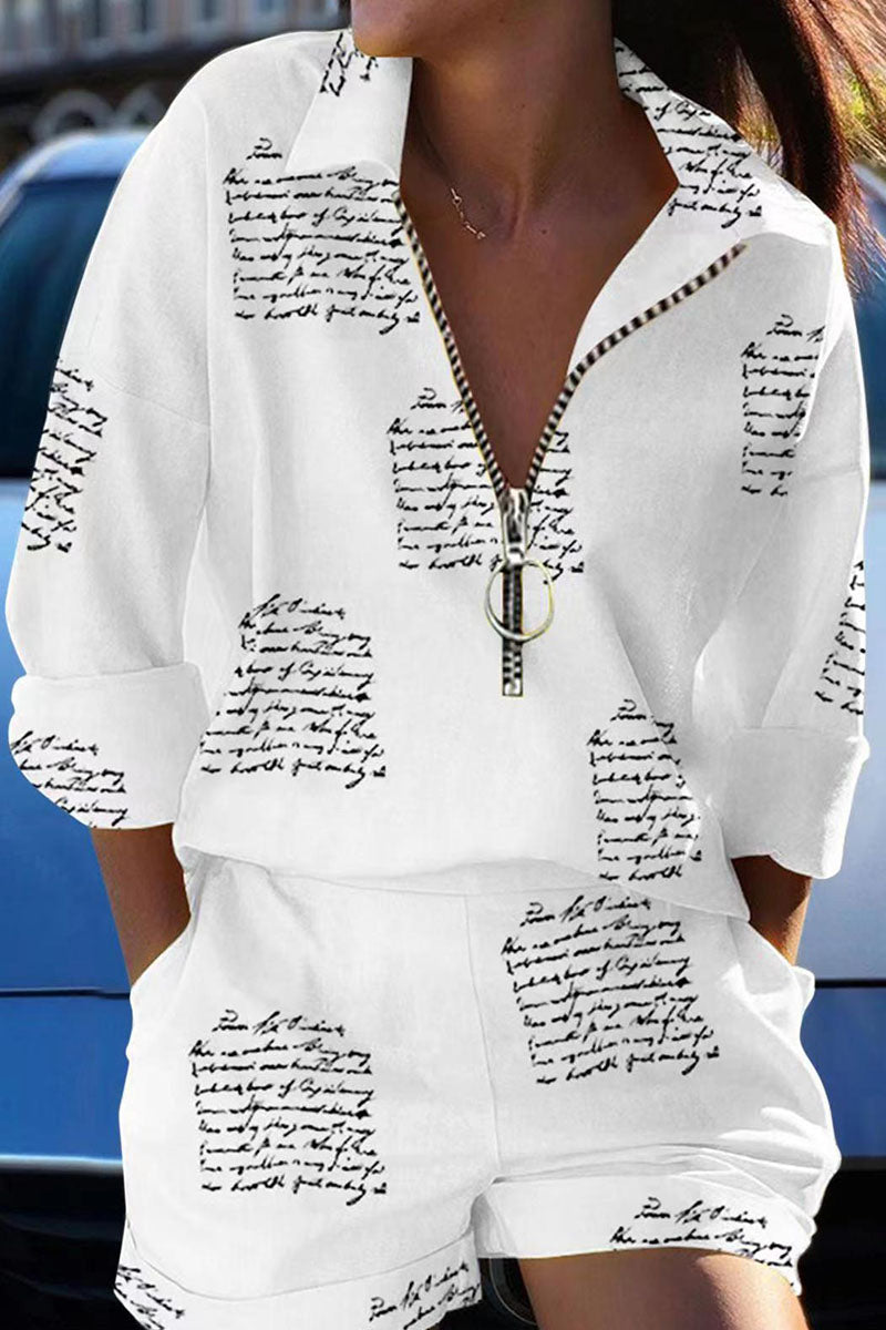 Kaynafashions - Casual Print Patchwork Zipper Turndown Collar Long Sleeve Two Pieces