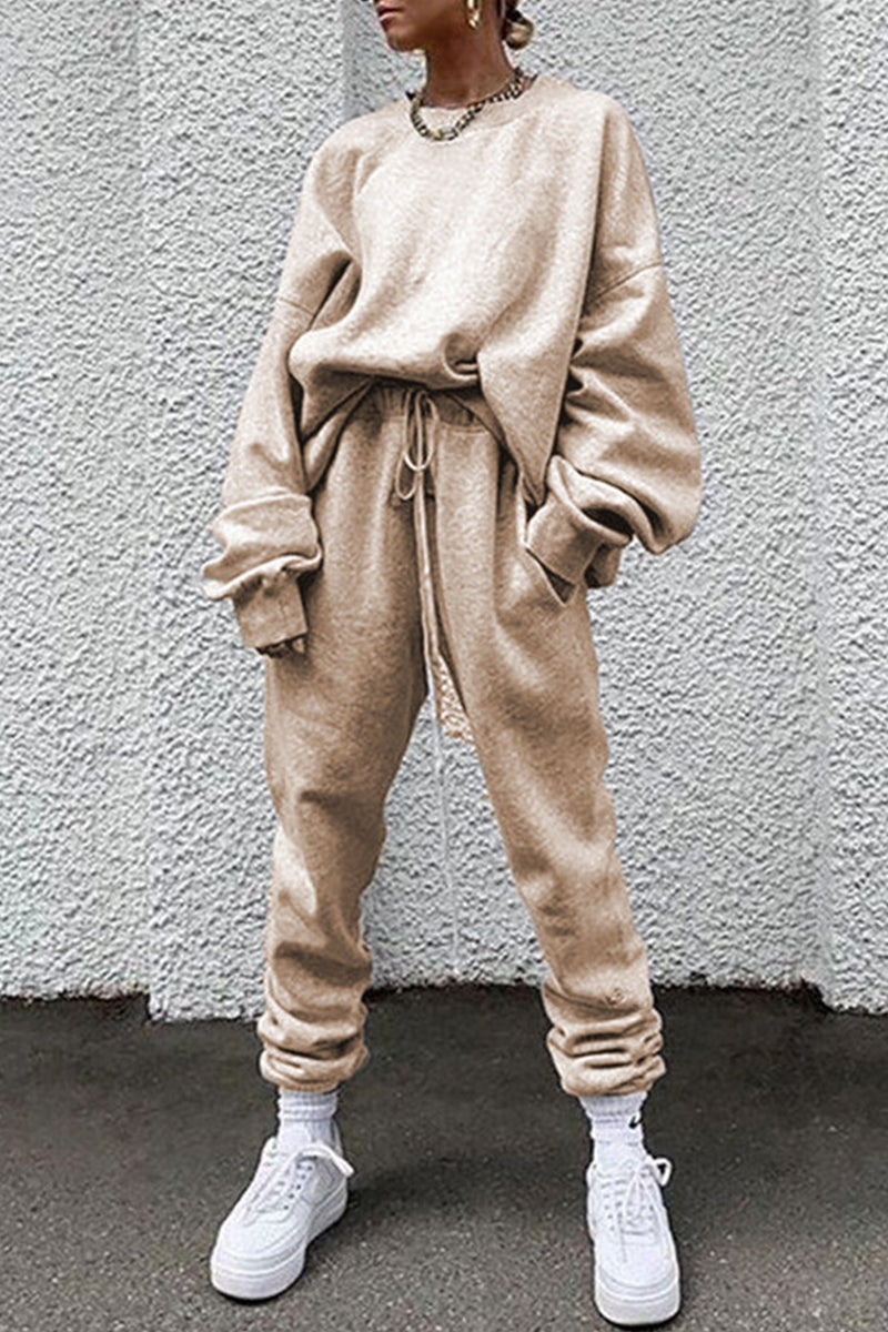 Kaynafashions - Casual Solid Pocket O Neck Long Sleeve Two Pieces